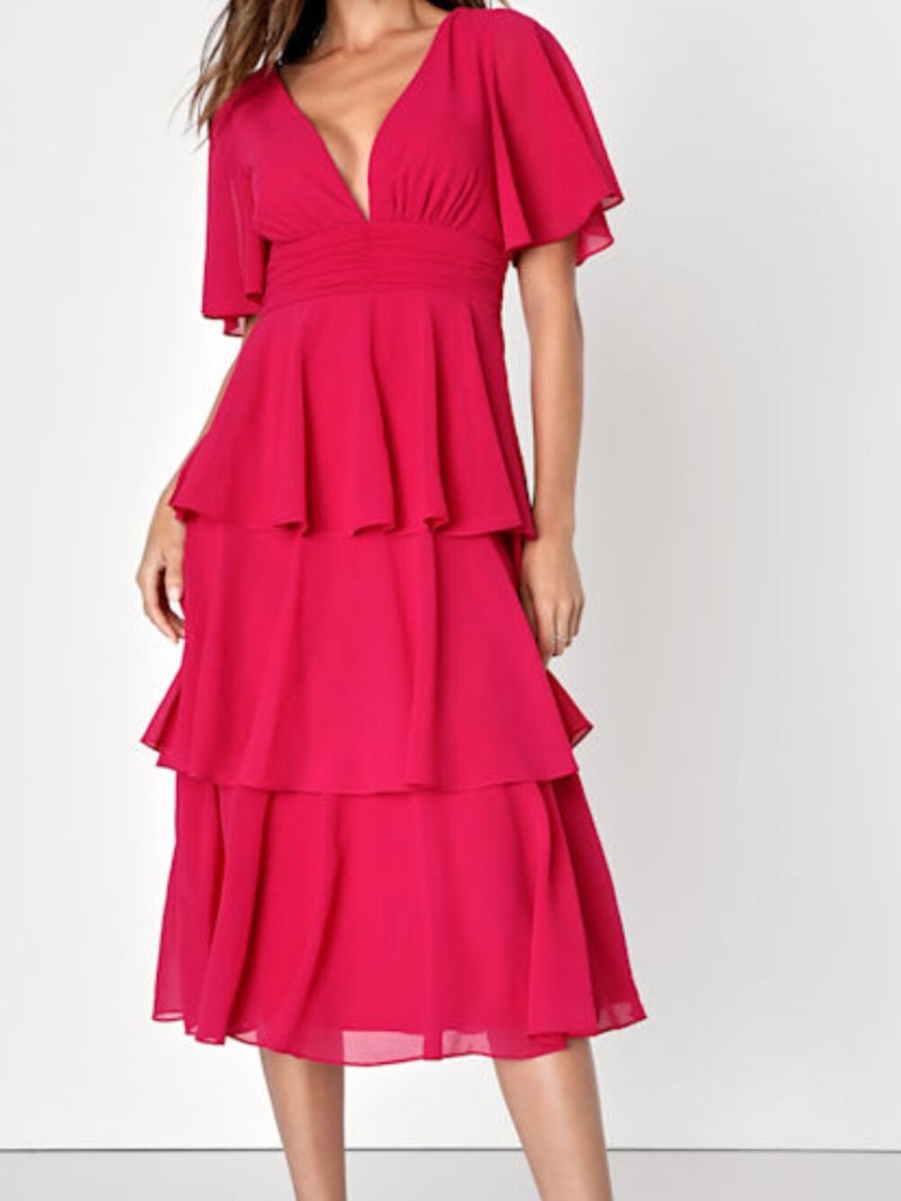 Lulus Ways Of The Heart Magenta Flutter Sleeve Tiered Midi Dress Pink - Size XS